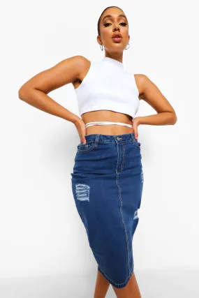 Distressed Denim Midi Skirt