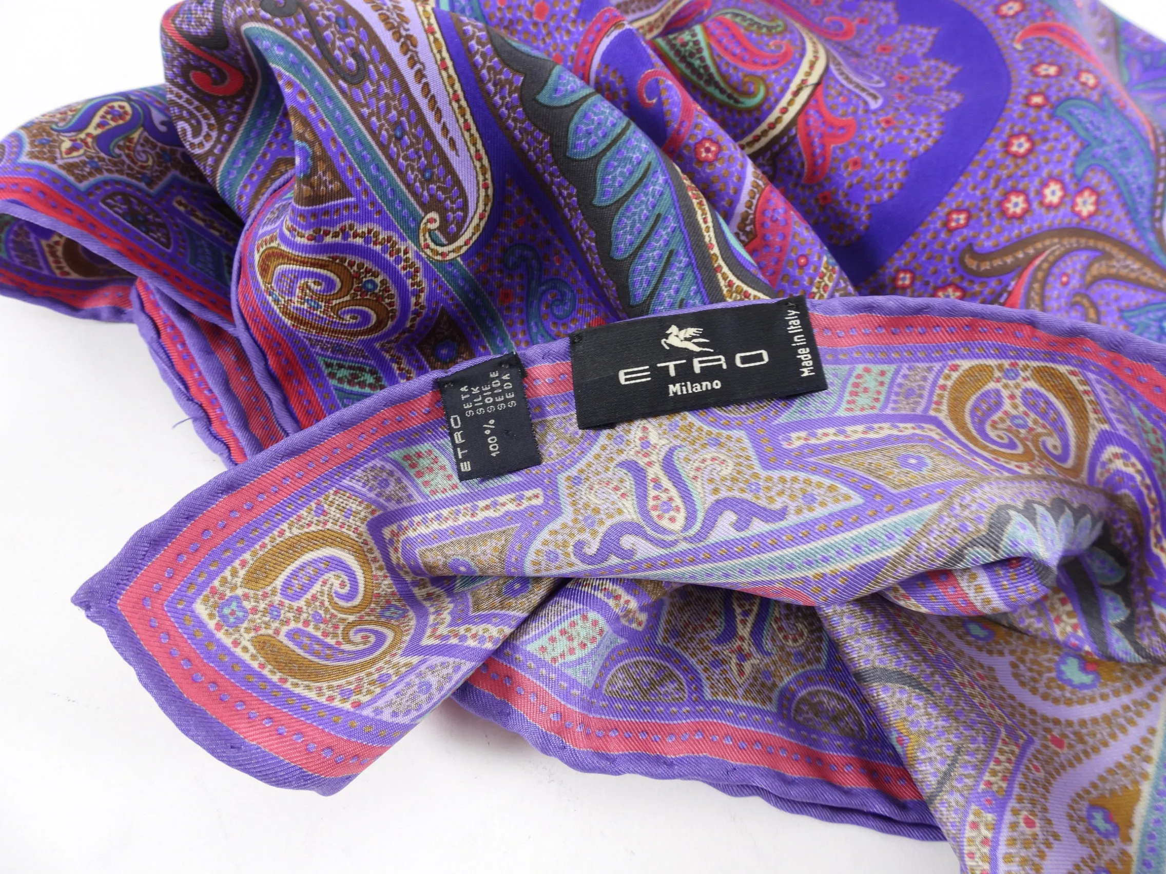 Etro Purple Green Silk Twill Square 90cm Paisley Scarf