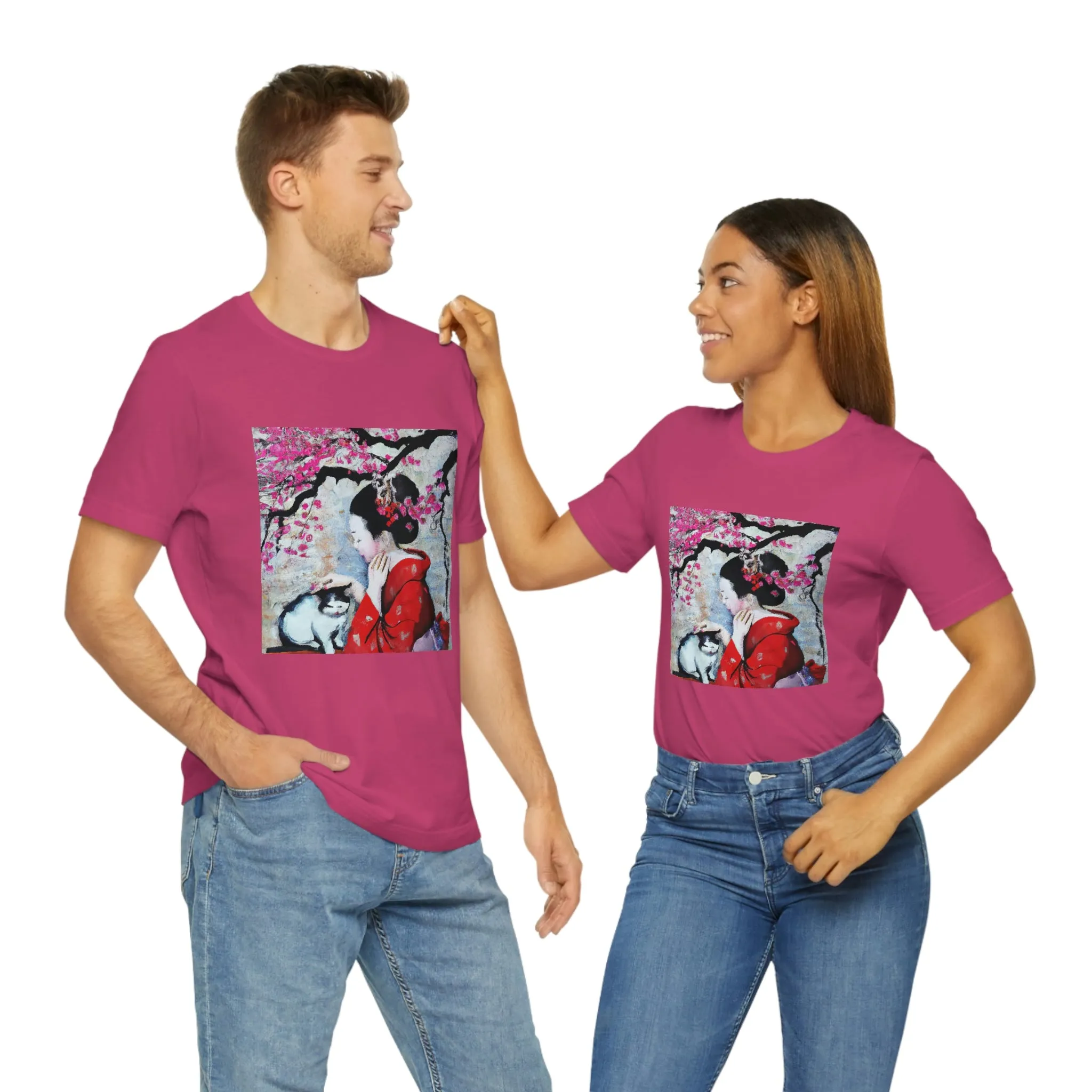 Geisha and a cat sakura tree T-shirt
