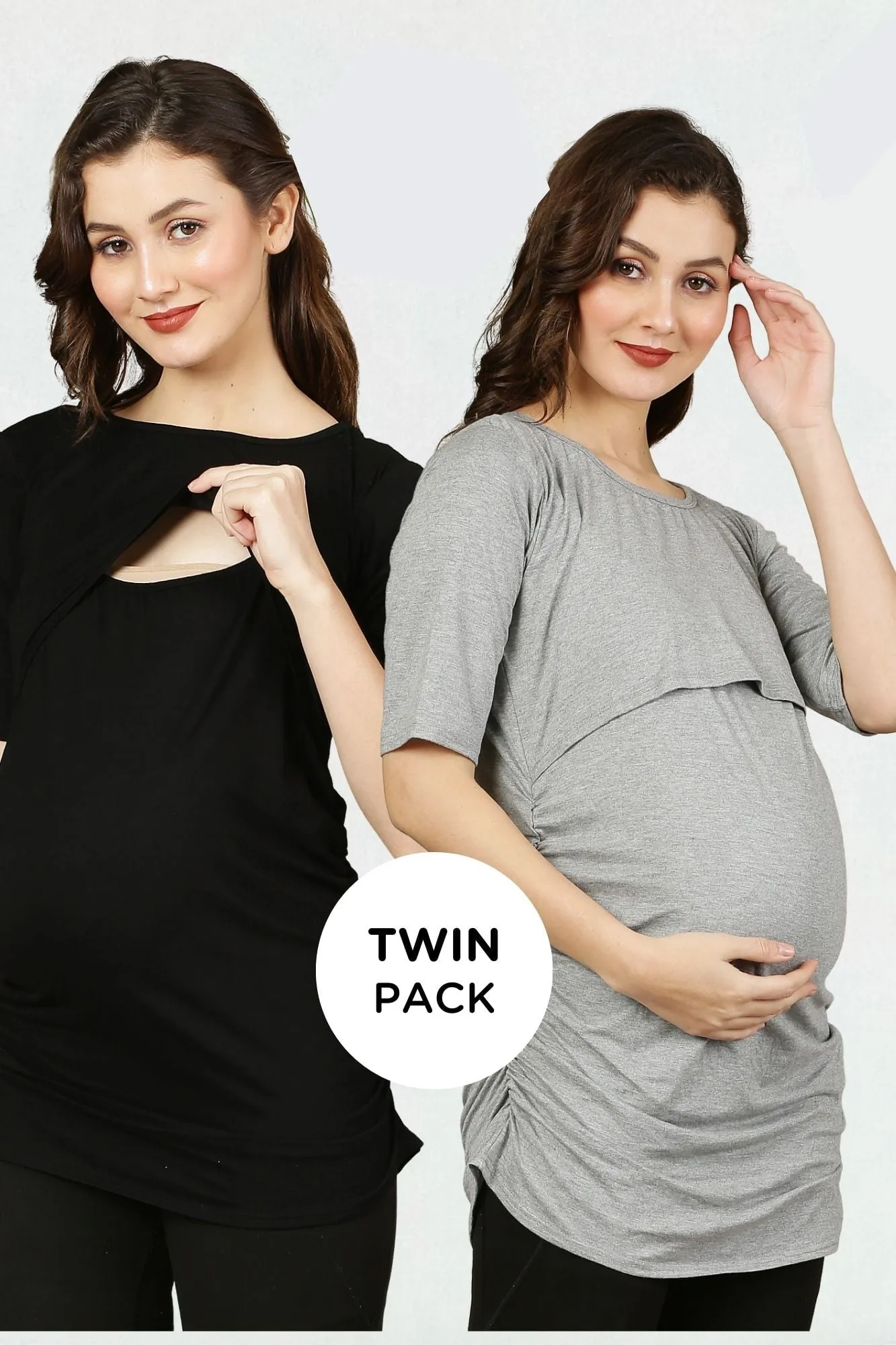 Maternity & Nursing Lift Up Tops - Black & Grey Twin Pack
