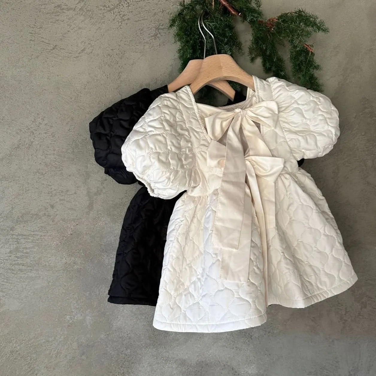 Toddler Monbebe Puff Sleeve Tie Bow Quilted Dress  (1-6y)